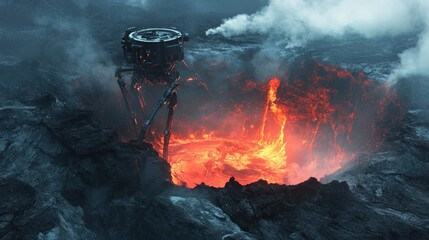 Obraz premium Futuristic robot standing over a volcanic crater, with molten lava flowing.
