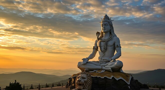 Lord Shiva statue in serene meditation at sunset, Murdeshwar, Karnataka