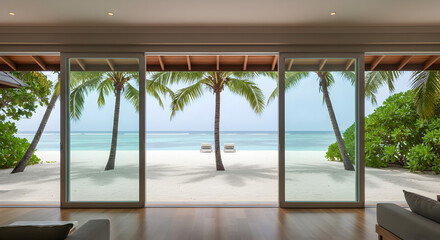 Obraz premium Seascape View From An Upscale Villa With White Sand And Palm Trees