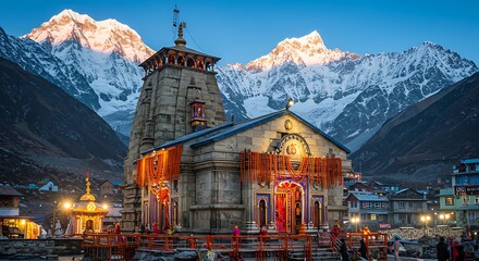 Majestic Kedarnath Temple, sacred shrine, nestled amidst the imposing Himalayan peaks