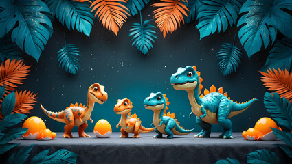 Obraz premium Baby dinosaurs playing in a prehistoric jungle under the night sky