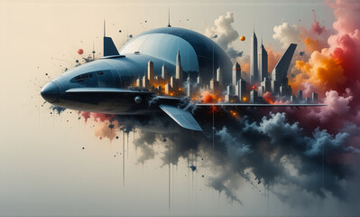 Futuristic aircraft with a cityscape on its back soars through vibrant clouds colored in orange and red hues, creating a surreal and imaginative scene.