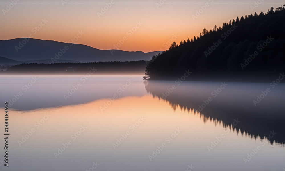 Poster a serene landscape featuring a misty lake reflecting the soft hues of the sky at dawn or dusk, with 