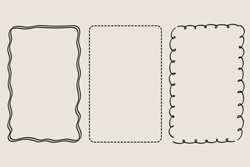 Collection of doodle hand drawn trendy frames with wavy lines and swirls . Minimalist line art.Vector illustration.