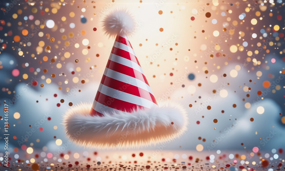 Poster festive red and white striped party hat with fluffy white trim and pompom levitates against a bokeh 