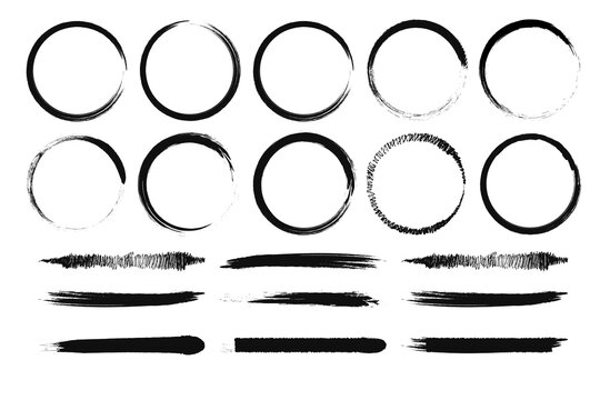 Japanese round brushstrokes. Vector Asian enso circles. Straight distress long lines set. Chinese black zen calligraphy elements.Abstract vector illustration.