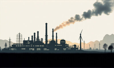 Industrial complex silhouette with smoking chimneys and wind turbines against a hazy sky at dusk.