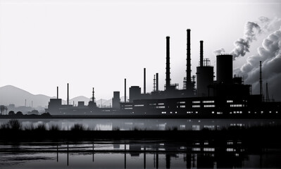 Obraz premium Monochromatic industrial landscape featuring factory structures with tall chimneys emitting smoke, reflected in dark water under a bright sky.