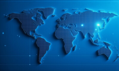 Naklejka premium Blue digital world map with highlighted areas. Continents are shown in a futuristic style, representing global connectivity and modern technology.