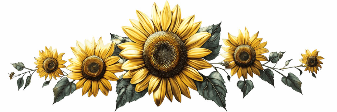Symmetrical sunflower arrangement with graduated sizes, balanced floral border perfect for centered logo placement and headers