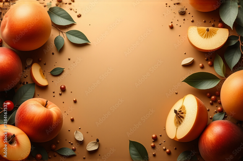 Poster a flat lay image showcases fresh peaches and apples, some whole and others sliced, interspersed with