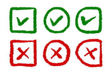 Collection of green and red check marks and crosses on a white background