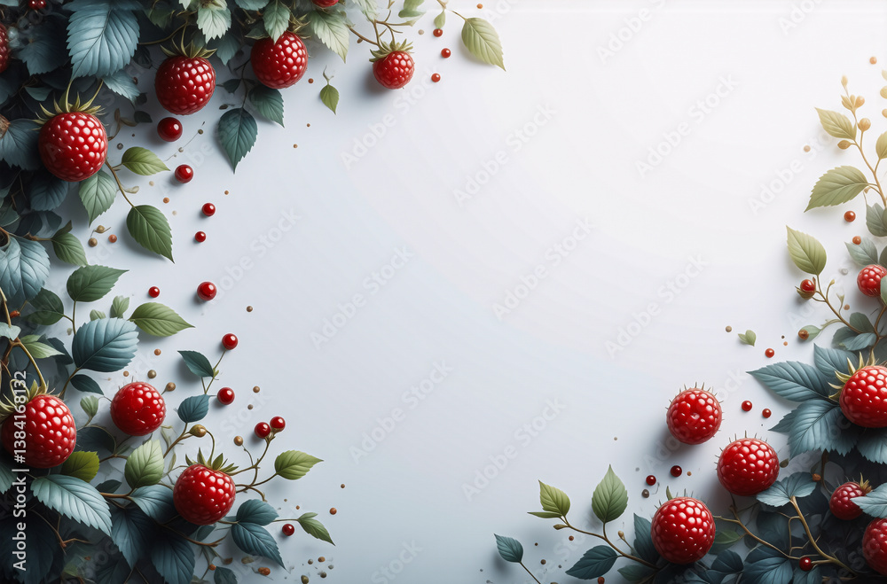 Poster ripe raspberries and green leaves create a decorative border against a white background. the arrange