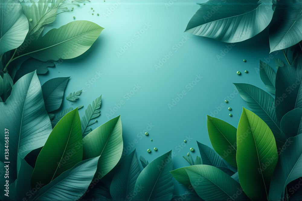 Aufkleber vibrant green leaves frame a serene teal backdrop, creating a natural and calming botanical scene. l