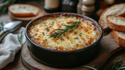 Rustic oven-baked french onion soup with crusty bread on a wooden board