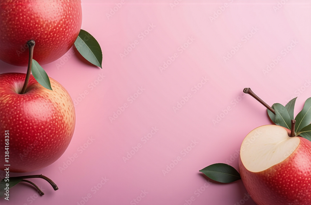 Poster three red apples with green leaves are arranged on a pink surface. one apple has a bite taken out of