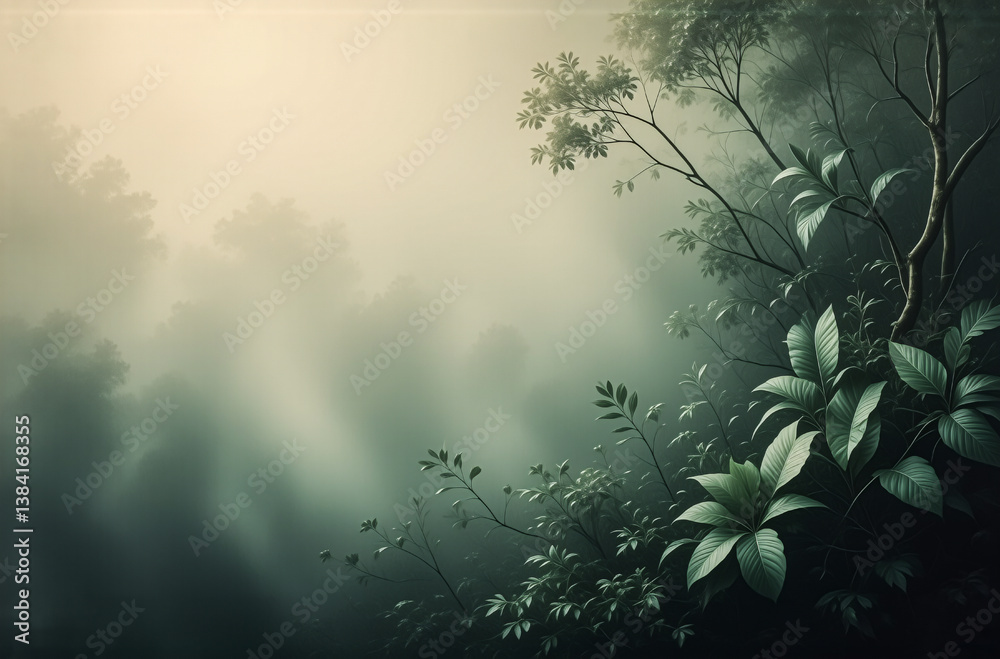 Aufkleber a tranquil forest scene shrouded in a gentle mist. lush green leaves and tall trees fade into the so