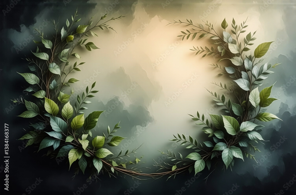 Poster a natural circle frame of green leaves and branches. soft and blurred background with a gentle light