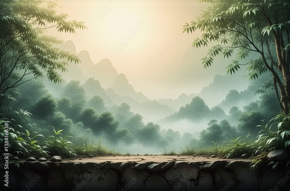 Poster misty mountain scene with green trees and soft sunlight. stone path overlooks layered hills in a tra