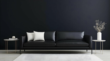 Stylish Black Leather Sofa In Modern Minimalist Living Room