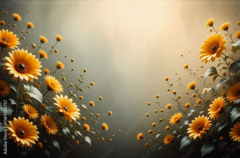 Poster bright yellow sunflowers with green leaves are scattered across a gradient backdrop, creating a soft