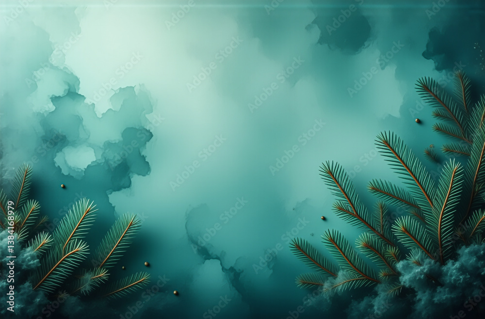 Poster teal winter background featuring pine branches at the corners. cloudy texture and golden dots evoke 