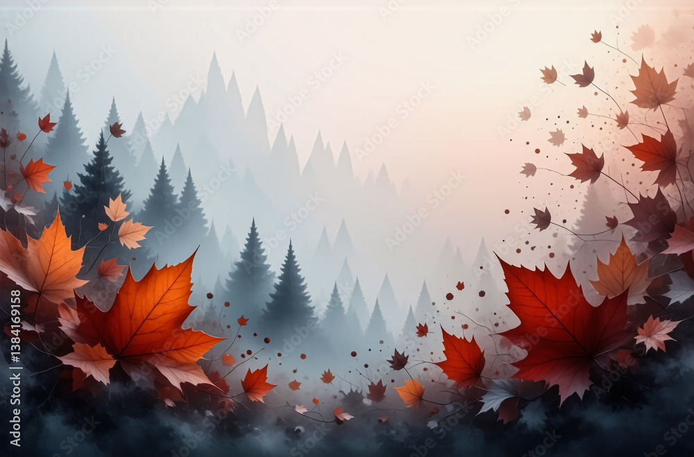 Poster Misty autumn forest scene with falling orange and red maple leaves. Evergreen trees recede into the foggy distance creating a serene and beautiful landscape.