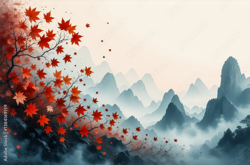 Poster red leaves on branches create a frame around a misty, serene mountain landscape. blue peaks fade int