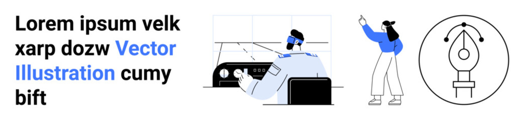 Person analyzing drafts, designing creative concepts, vector pen tool graphic, engaging with ideas. Ideal for design thinking, creativity, brainstorming, teamwork, innovation collaboration simple