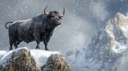 Majestic yak on snowy mountain peak