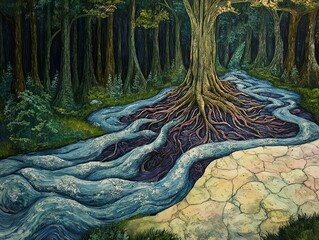 tree with exposed roots, water flowing, blue and green tones, mystical landscape