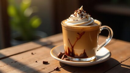 A delightful coffee beverage, topped with whipped cream and chocolate shavings, sits on a saucer, bathed in sunlight on a wooden table.