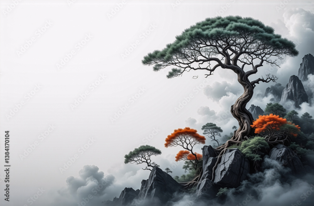 Poster A serene view of a tree perched on a misty mountain peak, surrounded by soft clouds. Nature's calm beauty is highlighted in this tranquil landscape scene.