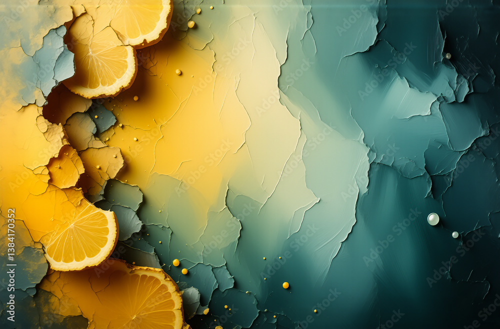 Poster Lemon slices are arranged against a textured yellow and blue-green backdrop, creating an abstract and refreshing visual with scattered pearl-like dots.