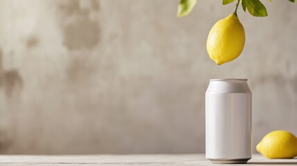 Lemon Falling into Empty Can on Wooden Table