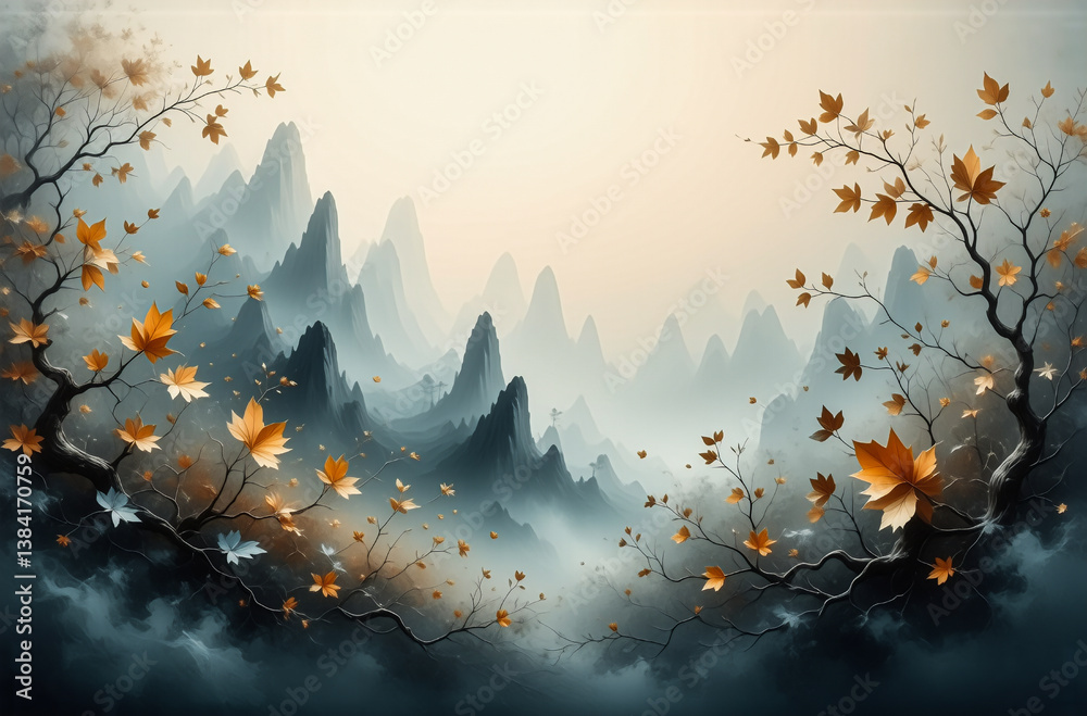 Aufkleber a tranquil scenery with layered misty mountains and delicate trees adorned with golden autumn leaves