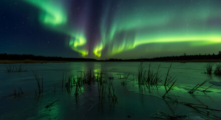 Naklejka premium Vibrant green aurora borealis dances above a frozen lake, reflected in the still, dark water. Pine trees line the shore.