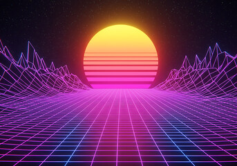 Retro Synthwave Sunset with Grid Landscape 80s Cyberpunk Background