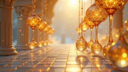Golden Orbs Suspended in a Sunlit Colonnade, Reflecting Warm Light on a Gleaming Tiled Floor