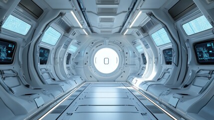 Futuristic spaceship interior hallway with large circular window.