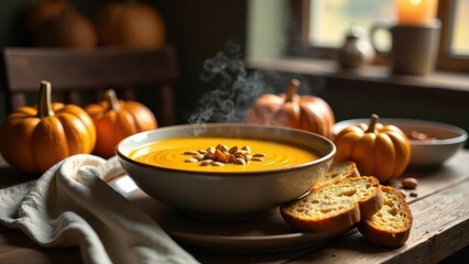 Warm autumnal pumpkin soup with toasted bread and seeds in a rustic setting