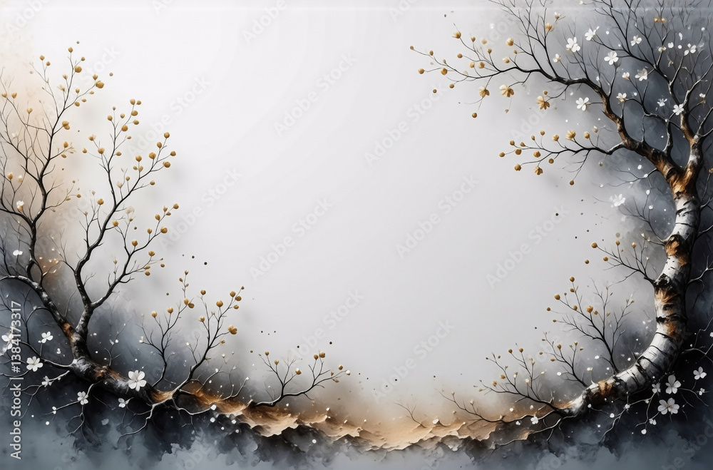 Poster delicate branches with tiny blossoms form a natural frame on a soft, neutral backdrop. elegant and s