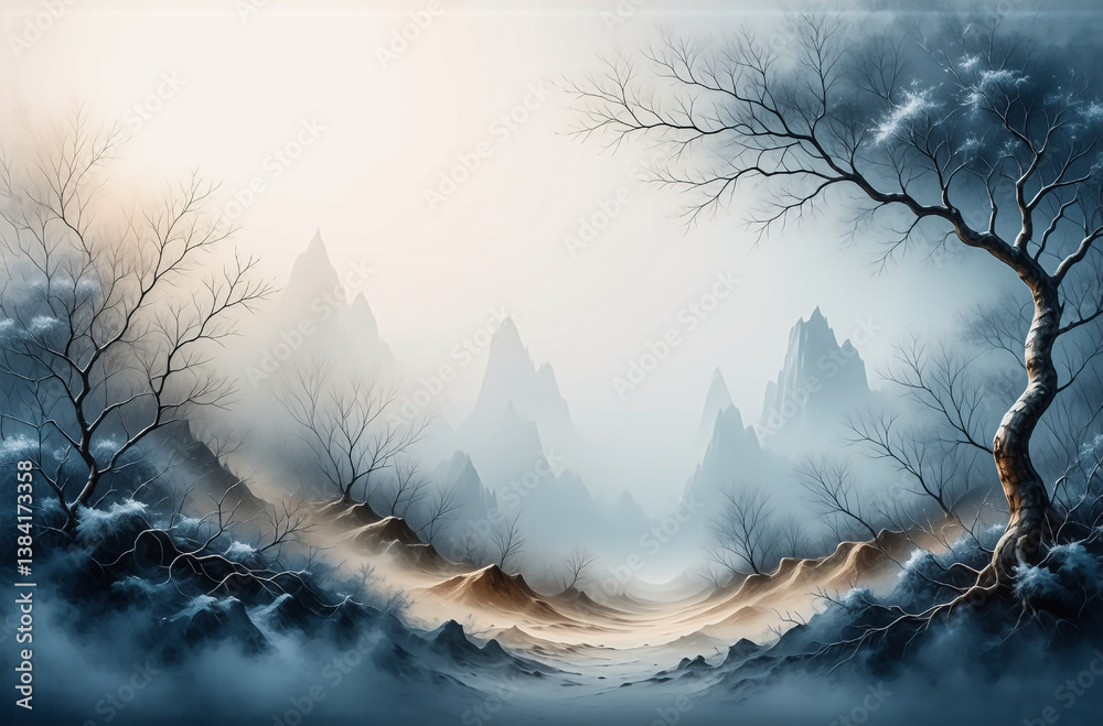 Poster Misty mountain landscape with bare trees in the foreground under a soft sky. Muted blue and brown tones create a serene and tranquil atmosphere.