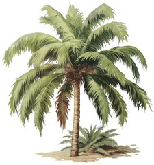 Obraz premium Tropical coconut palm tree with lush green fronds and smaller palms, isolated botanical illustration for vacation and summer designs