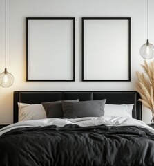 Modern bedroom with two blank framed art pieces above a bed