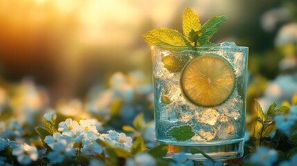 Refreshing spring cocktail with ice, lemon, and mint in a flower garden