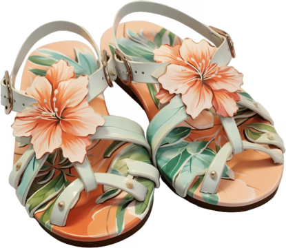 Elegant strappy sandals with tropical orange hibiscus flowers and green palm fronds, luxury summer women's footwear