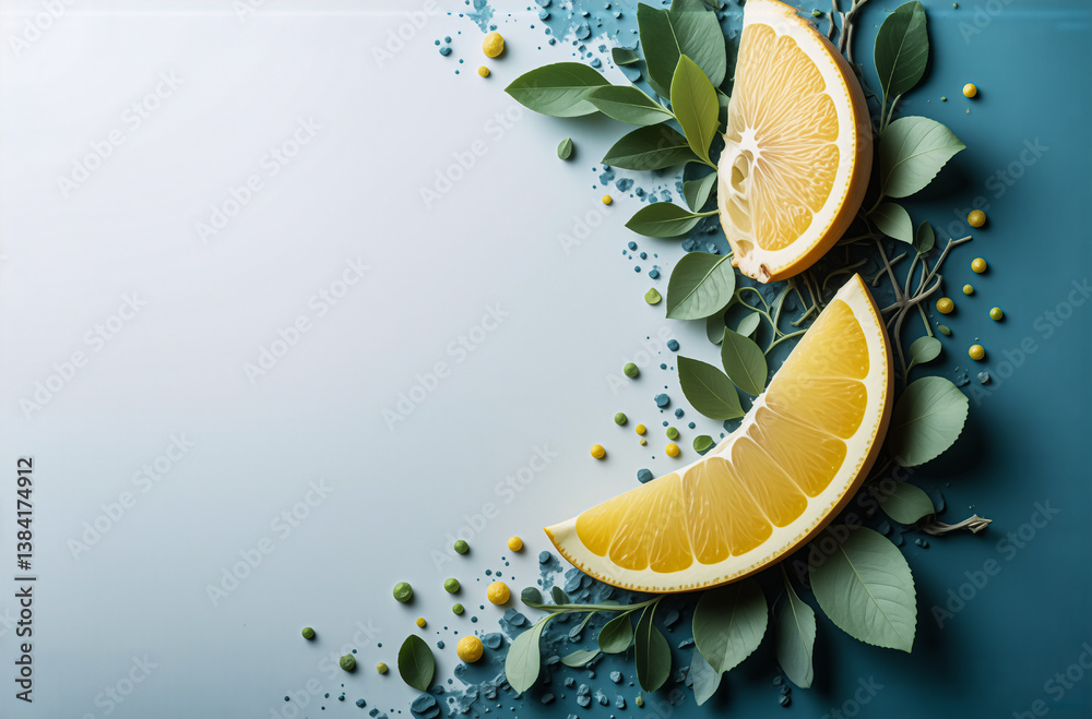 Poster fresh lemon slices and green leaves are decoratively arranged on a gradient blue background, creatin
