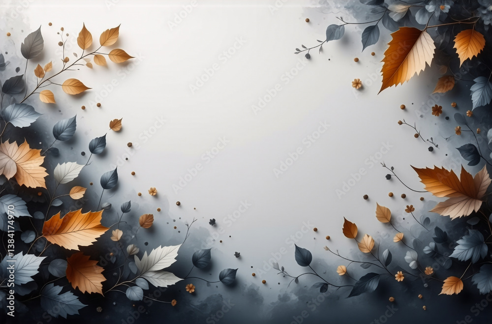 Poster soft autumn leaves and branches frame a white space, creating a natural and elegant border. warm and