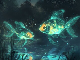 Fototapeta premium fantasy fish pond glowing fish dark water plants magical atmosphere